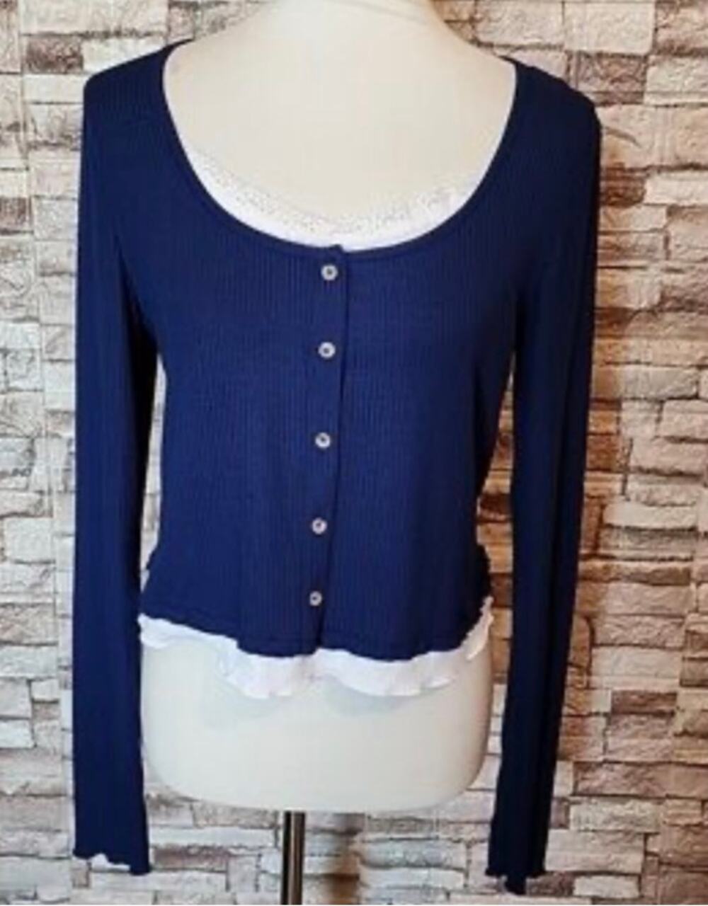 Just Polly Blue Lace‑Trimmed Top • Women’s XL • Long Sleeve • Stretch Knit